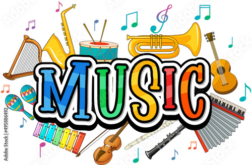 Font design for word music with music instrument on white background