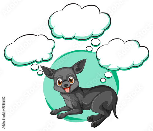 A dog thinking with many callouts
