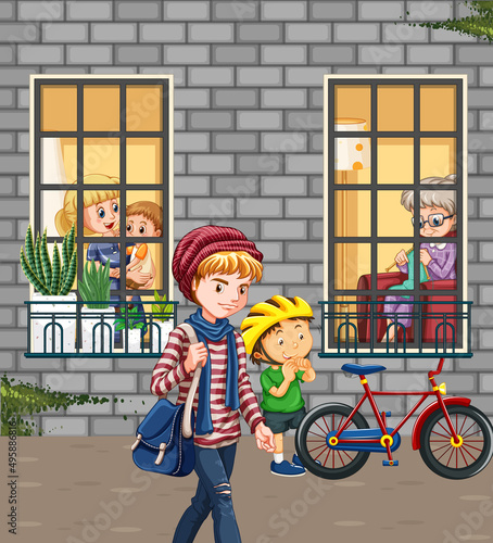 Outdoor scene with people in cartoon style
