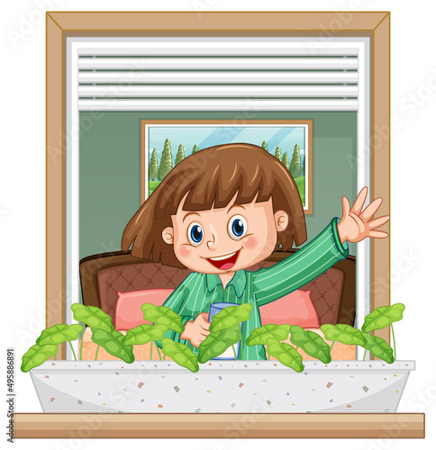 View through the window of a girl cartoon character