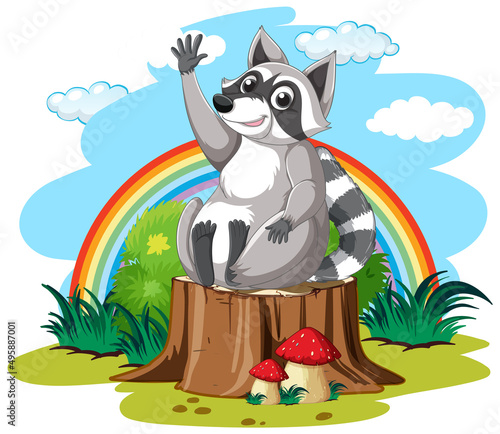 Cute raccoon waving hand in garden