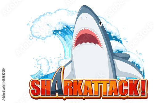 Shark attack font logo with cartoon aggressive shark