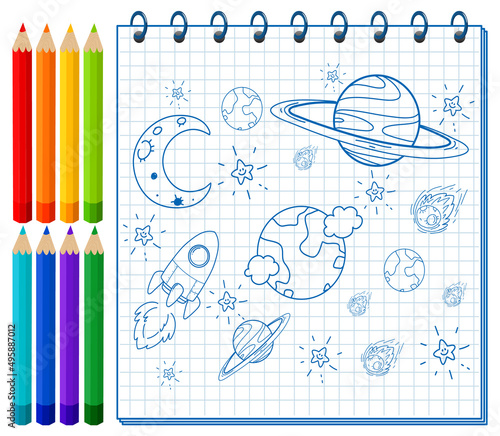 A notebook with a doodle sketch design and colour pencils