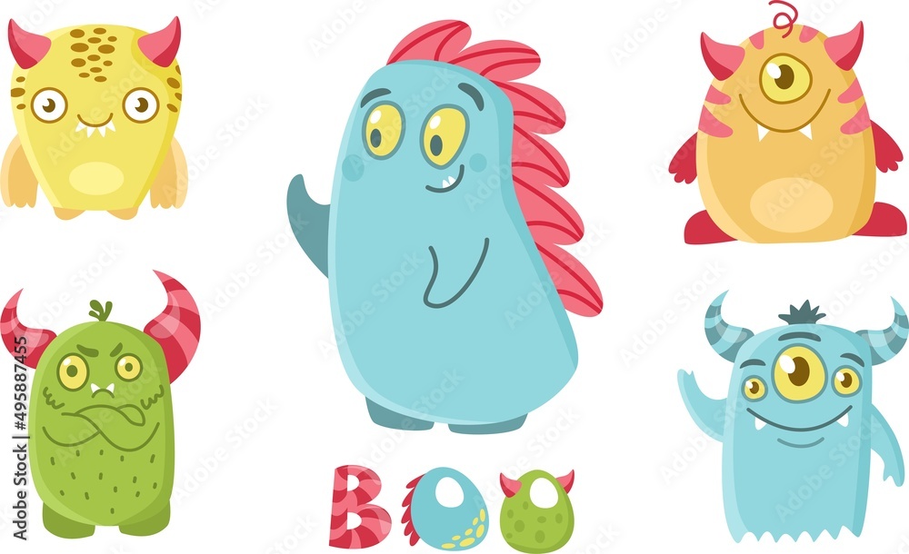 Obraz premium Vector set for children's illustration. Cute toothy monsters, Boo's lettering. Little dinosaurs.