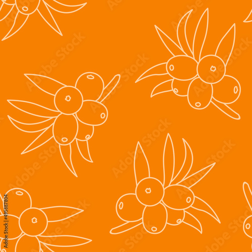 Sea ​​buckthorn berry outline seamless pattern. Fruit yellow background. Vector food simple illustration. 