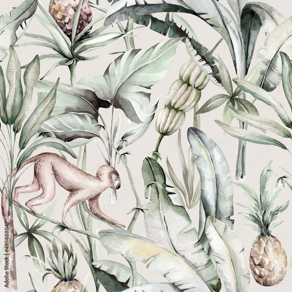 Foto auf Acrylglas mit Tropischer Aquarellvogelkolibri, Affe und Jaguar, exotische Dschungelpflanzenpalmen-Bananenblätterblumen, flamingopastellfarbener nahtloser Mustergewebehintergrund #495888047