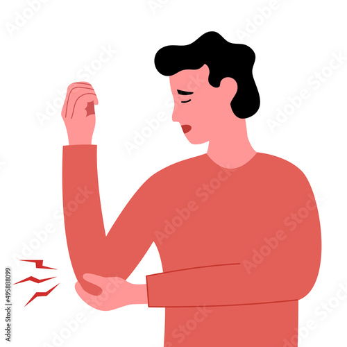 Young man having arm pain in flat design on white background. Physical injury. Muscle or bone problem.