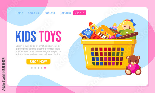 Landing page template for kids toys store with yellow shopping basket. Vector colorful illustration for website, homepage, app design, internet banner