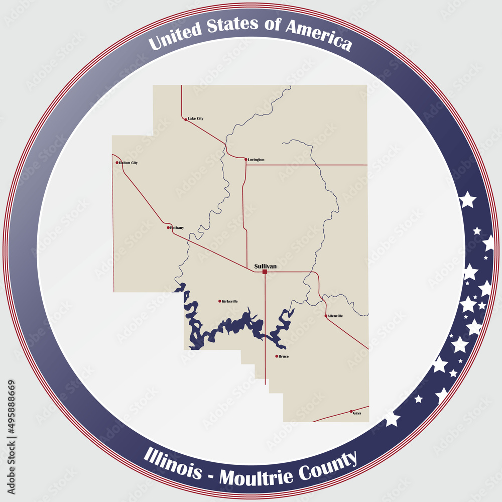 Fototapeta premium Large and detailed map of Moultrie county in Illinois, USA.