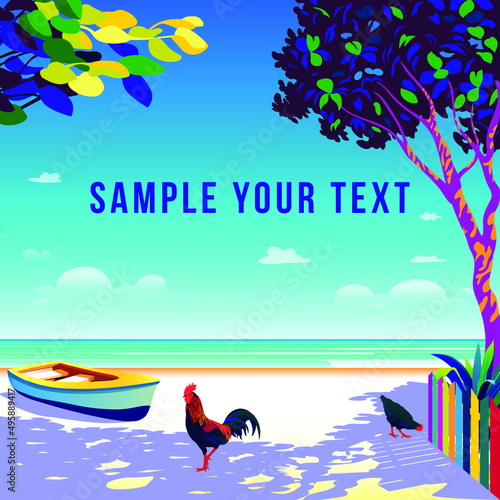 Beautiful Tropical landscape with trees, boats and the sea in the background. Handmade drawing vector illustration. Retro style poster.