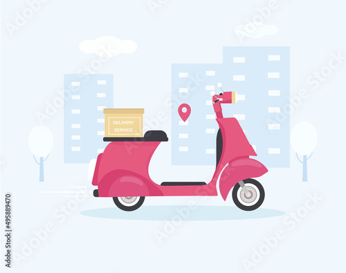 Fast delivery by scooter on mobile smartphone. E-commerce concept. Online food order. Web  app design. City background.