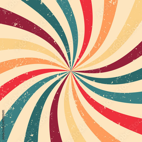 Retro background with curved, rays or stripes in the center. Rotating, spiral stripes. Sunburst or sun burst retro background. Turquoise and red colors. Vector illustration