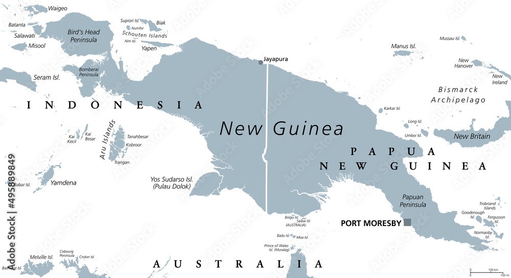 New Guinea gray political map. Second largest island in the world located in the South Pacific Ocean. The eastern half is the major landmass of Papua New Guinea. The western half is part of Indonesia.
