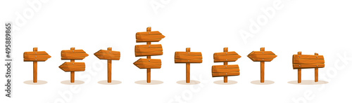 Set of Realistic wooden pointer, billboard, signboard, Vector. Blank banner set. Rustic signpost for country design. blank pointer wood texture. Arrow road guidepost, symbol of adventure, navigation