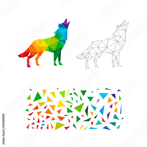Polygonal puzzle game. Constructor from triangles. Collect a wolf. Intellectual development. Poly art concept. Business idea for creative anti stress activity. 