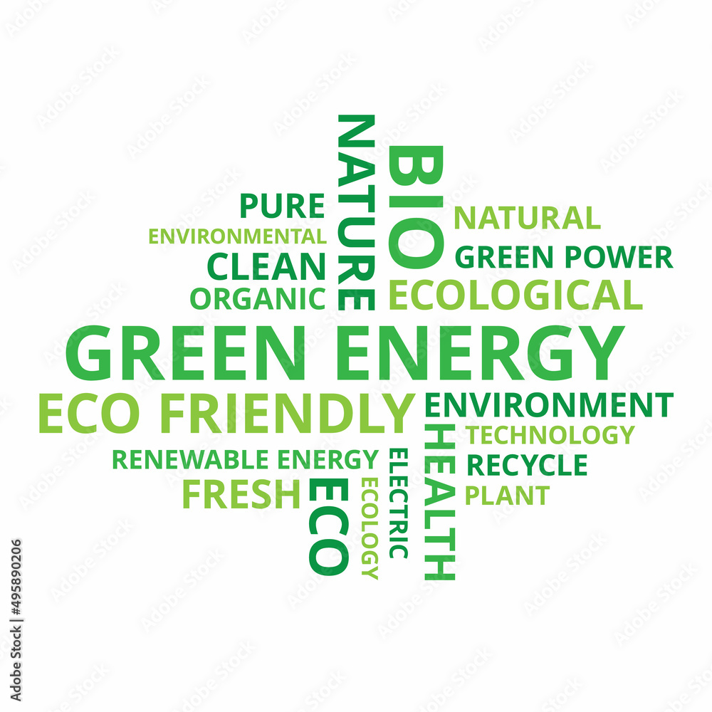 Green power word cloud, lot of text about renewable energy. Eco friendly concept. Environment protection theme, vector illustration. Green power word cloud, lot of text about renewable energy. Eco friendly concept. Environment protection theme, vector illustration.