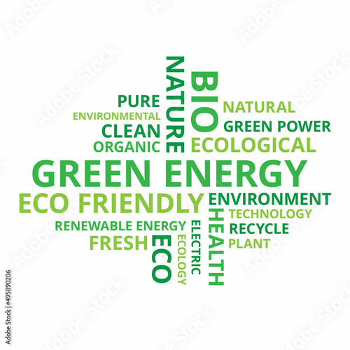 Green power word cloud, lot of text about renewable energy. Eco friendly concept. Environment protection theme, vector illustration.