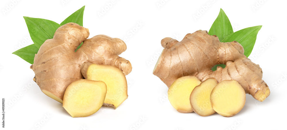 Close up, Fresh ginger rhizome with sliced and green leaves isolated on white background, old ginger Close up, Fresh ginger rhizome with sliced and green leaves isolated on white background, old ginger