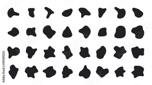 Organic blob shape, fluid irregular bubble set, random pebble form collection isolated on white background.
