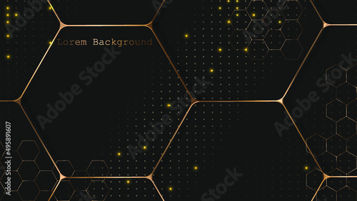 abstract dark background with gold hexagons and golden dots. luxury banner. vector illustration
