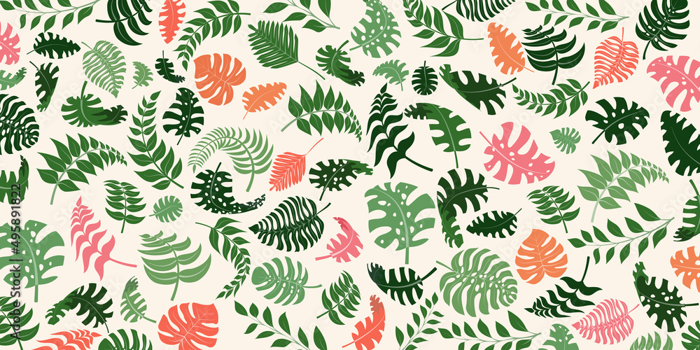 Background with exotic jungle plants. Tropical palm leaves. Rainforest illustration, multicolored on white. Background with exotic jungle plants. Tropical palm leaves. Rainforest illustration, multicolored on white.