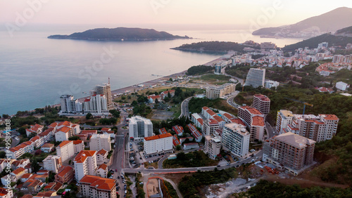 View from flying drone. Panoramic cityscape of becici, Budva, Montenegro. Top View. Beautiful destinations