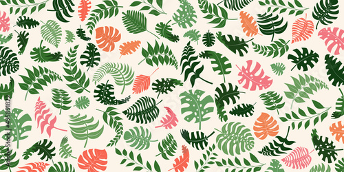 Background with exotic jungle plants. Tropical palm leaves. Rainforest illustration, multicolored on white.