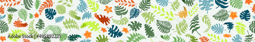 Banner with exotic jungle plants. Tropical palm leaves and flowers. Rainforest illustration, multicolored on white background, with seamless horizontal repetition