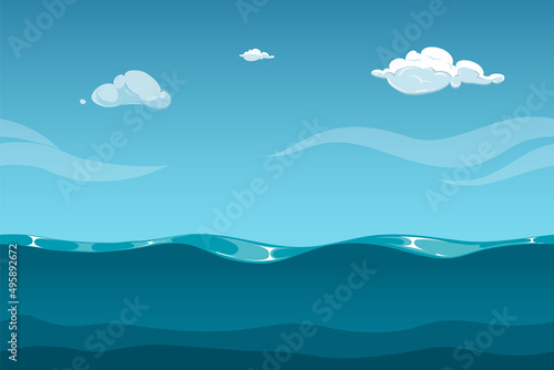 Sea landscape. Blue ocean waves on sky background