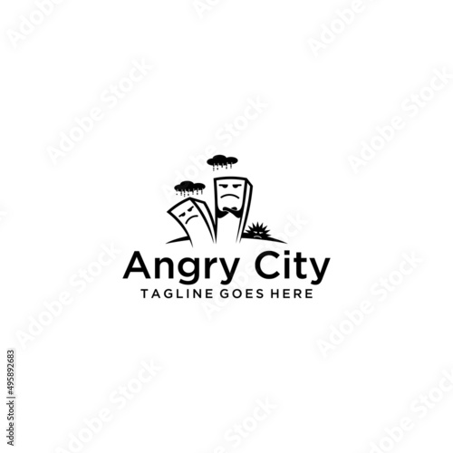 angry city with dark cloudy clouds and raining
