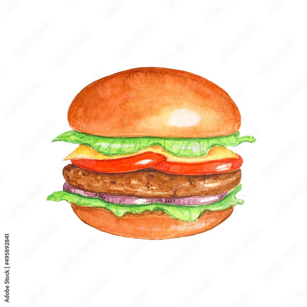 Burger with onion, tomato, cheese. Watercolor hand drawn illustration Burger with onion, tomato, cheese. Watercolor hand drawn illustration