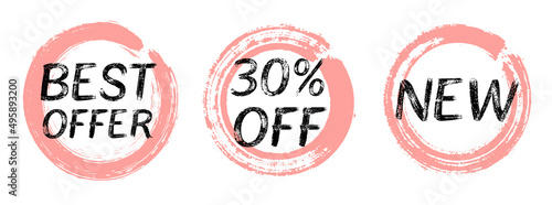 30% discount best offer and new arrivals sale labels vector set. Painted round stamps stickers with off promo