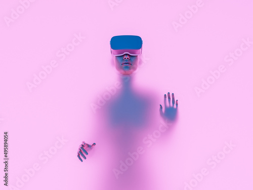 character with VR goggles immersed in backlit diffuse liquid photo