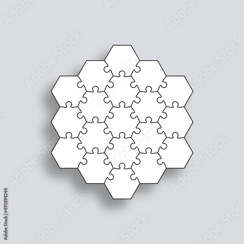 Puzzle pieces. Jigsaw grid with separate shapes. Thinking mosaic game with colorful hexagonal details. Outline simple background. Cutting template. Vector illustration.