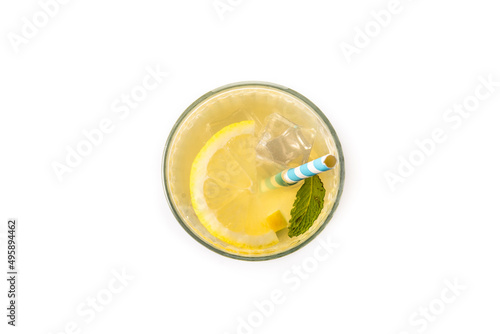 Glass of fresh lemonade isolated on white background. Top view