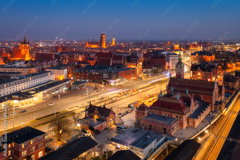 Main Railway Station building in Gdansk at night, Poland.