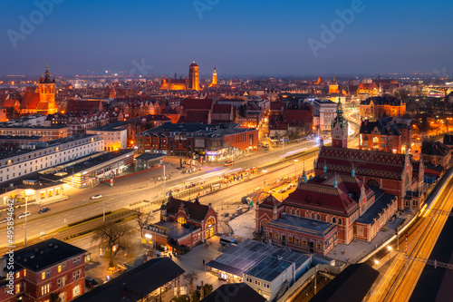 Main Railway Station building in Gdansk at night, Poland.
