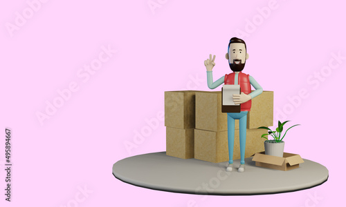 3d render. Man character checks delivery of cargo in boxes. Cartoon style.