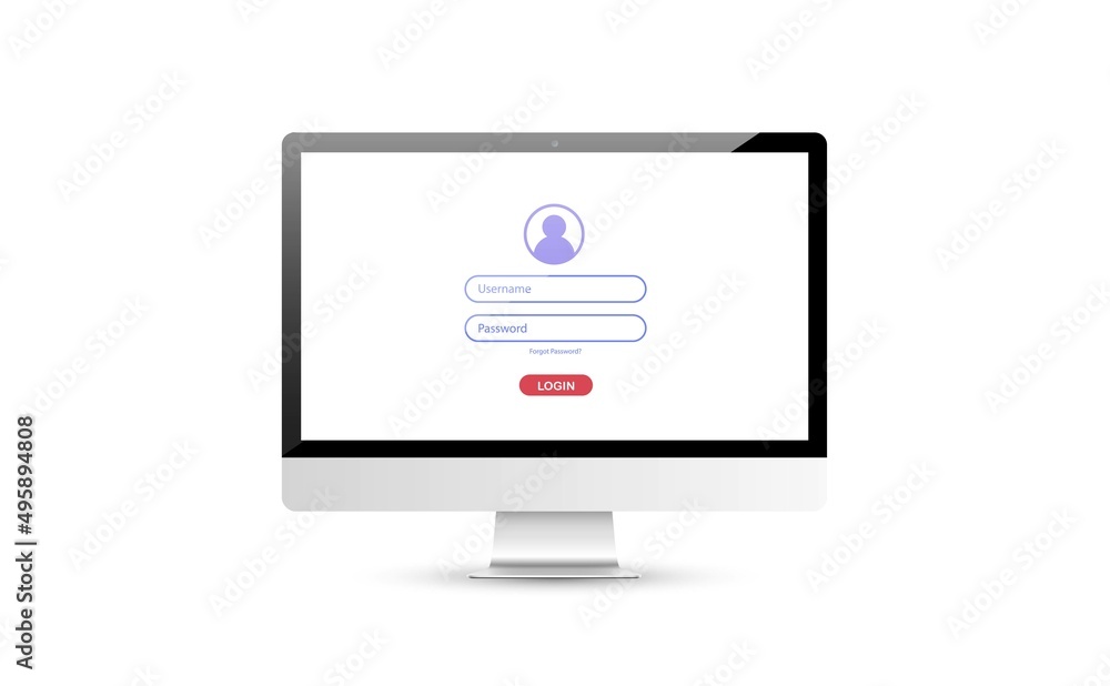 Computer with authorization on the screen, login and password of the user, vector illustration