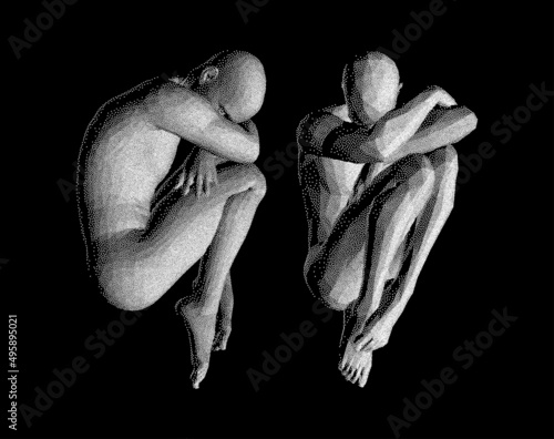 Full length view of sad stressed man sitting with hands on knees. Time for reflection. Man thinks about a problem. Despair, depression, hopelessness or addiction concept. 3D vector illustration.