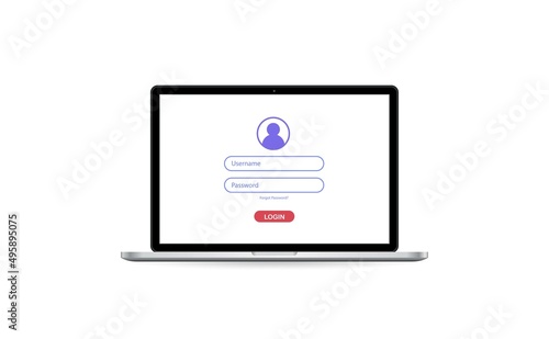 Laptop with authorization on the screen, login and password of the user to the system or account, vector illustration