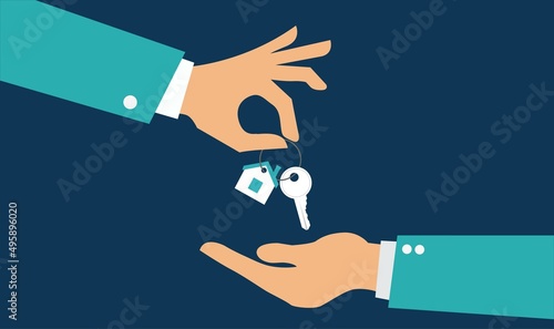 Vector real estate concept in flat style - hands giving keys - sell house photo