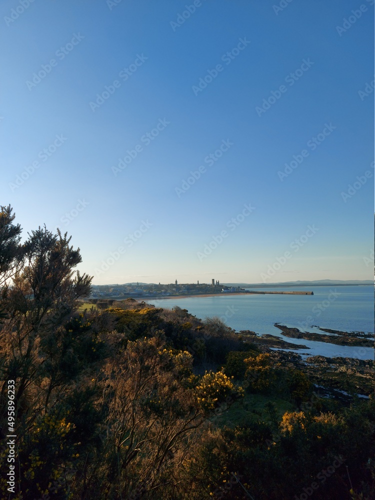Cityscape of St Andrews in Scotland, United Kingdom as seen from the Fife Coastal Path