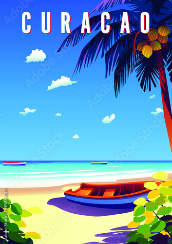 Curacao Tropical landscape with palm trees, boats and the sea in the background. Handmade drawing vector illustration. Retro style poster.