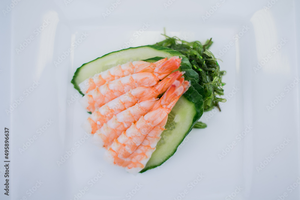 big shrimp with cucumber and seaweed japanese cuisine big shrimp with cucumber and seaweed japanese cuisine