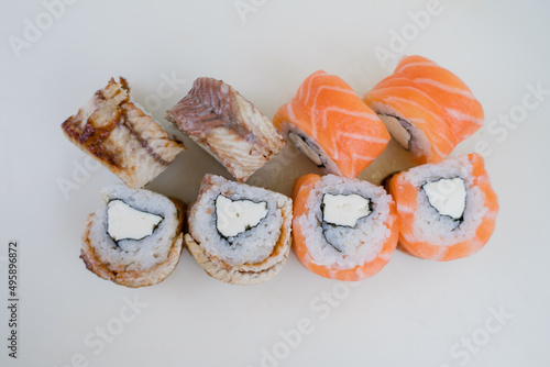 sushi roll with salmon and eel set japanese cuisine