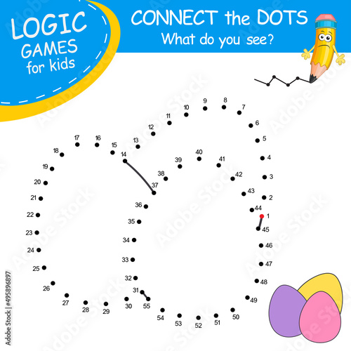 Connect the dots by numbers to draw the Easter Eggs. Dot to dot Education Game and Coloring Page with cartoon cute Eggs. Logic Games with answer. Education card for kids learning counting numbers.