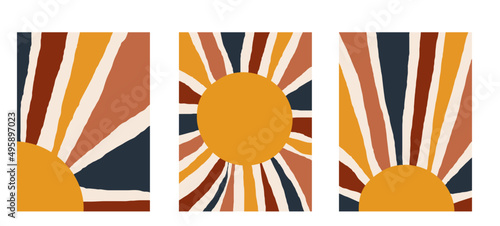 Collection of modern abstractions in boho style with sun (sunset, sunrise), rays hand drawn on beige