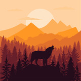 Vector illustration of a howling wolf standing on the hill with a panoramic view of mountains, forest and beautiful sunset. EPS