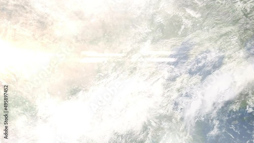 Earth zoom in from outer space to city. Zooming on Shijiazhuang, Hebei, China. The animation continues by zoom out through clouds and atmosphere into space. Images from NASA photo